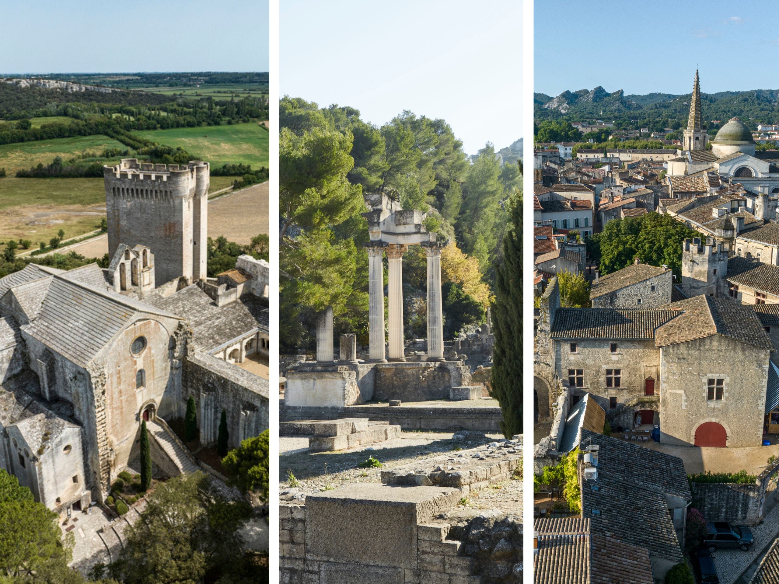 Trois monuments à voir autour de Arles : L'Abbaye de Montmajour, le site archéologique de Glanum et l'Hôtel de Sade. 