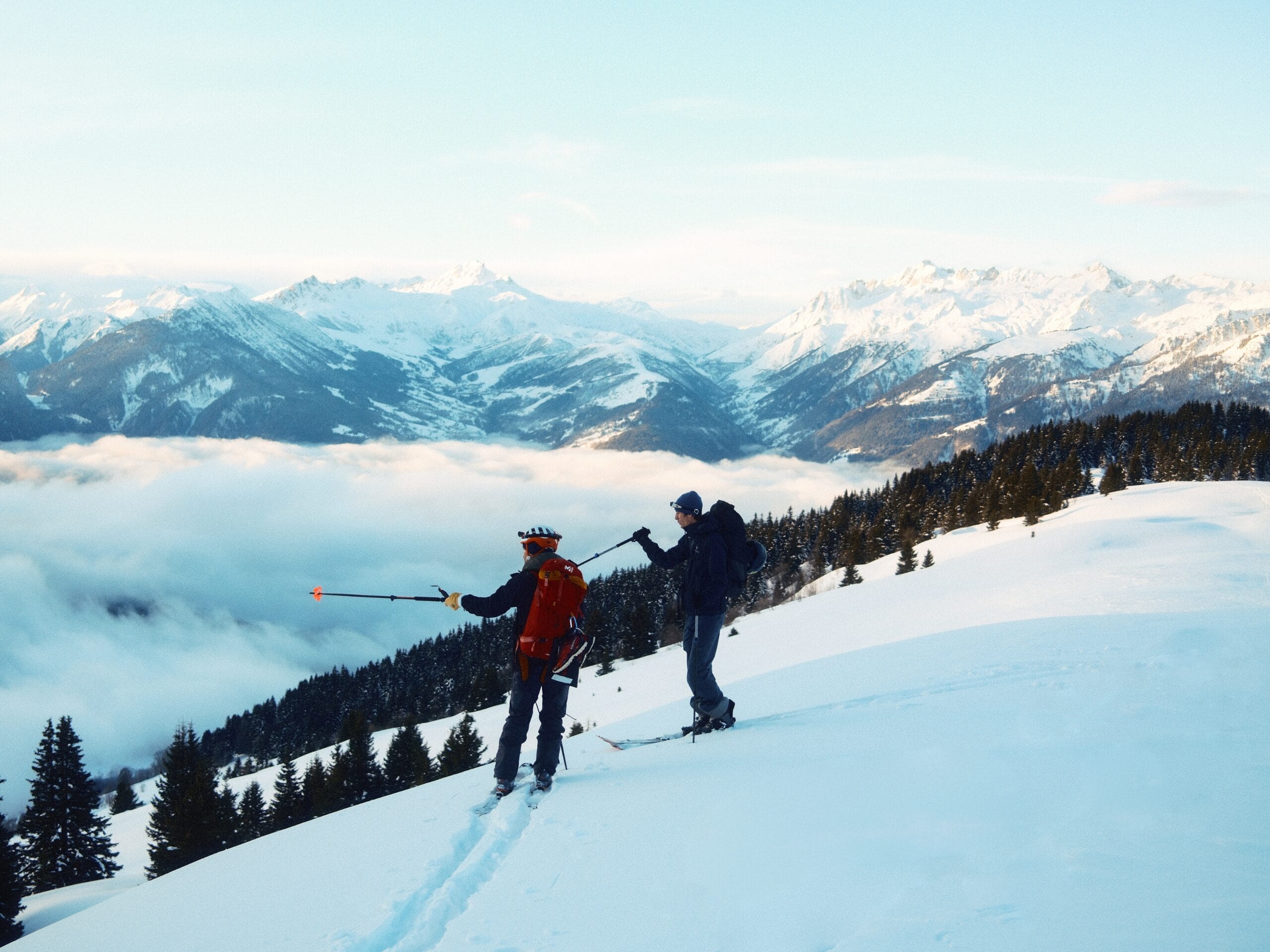 Deux skieurs qui pointent la vue sur des montagnes avec leur bâton de ski, le soleil illumine les sommets. 