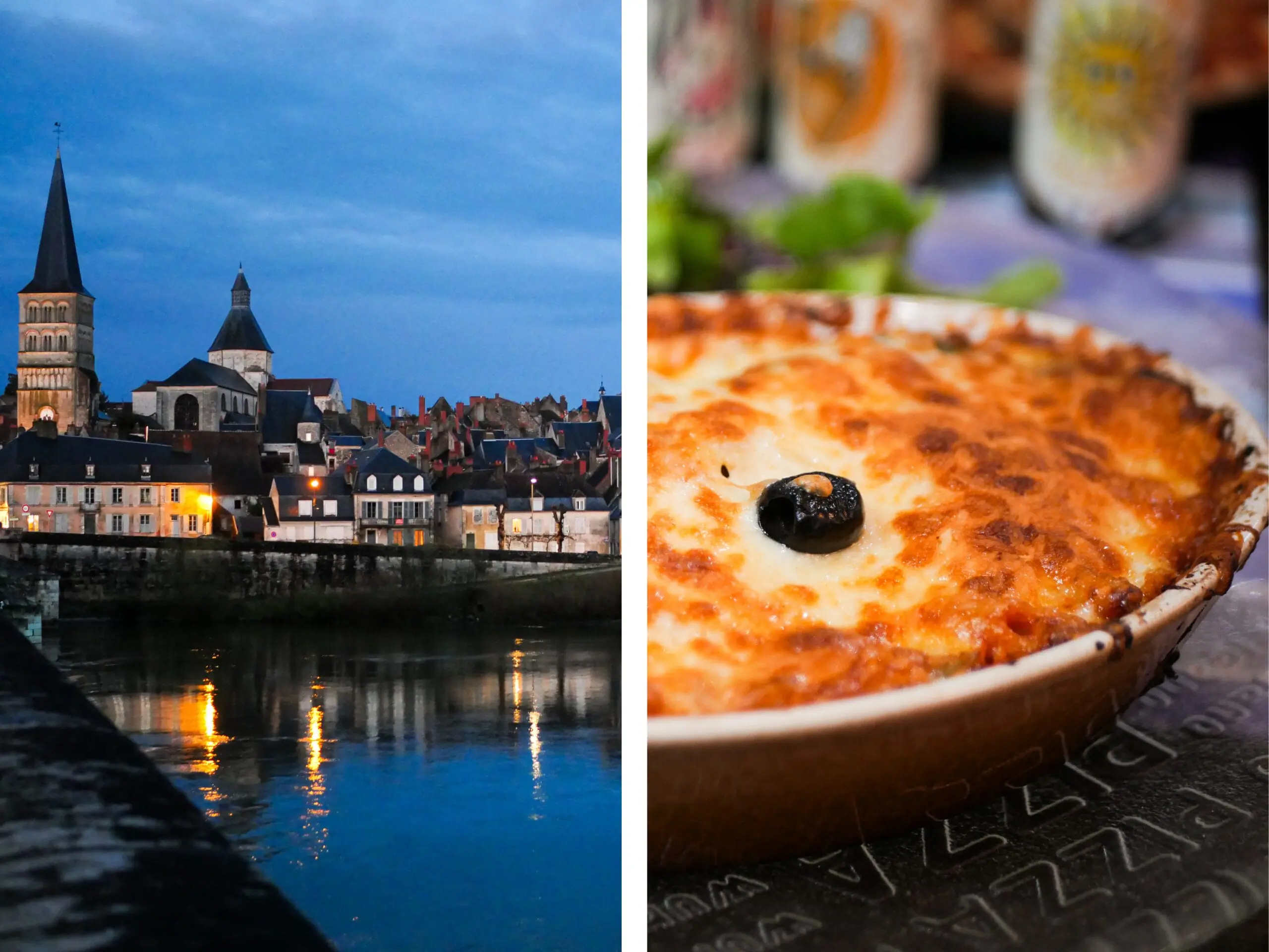 Vue sur Charite-sur-Loire et assiette de gratin de pâtes