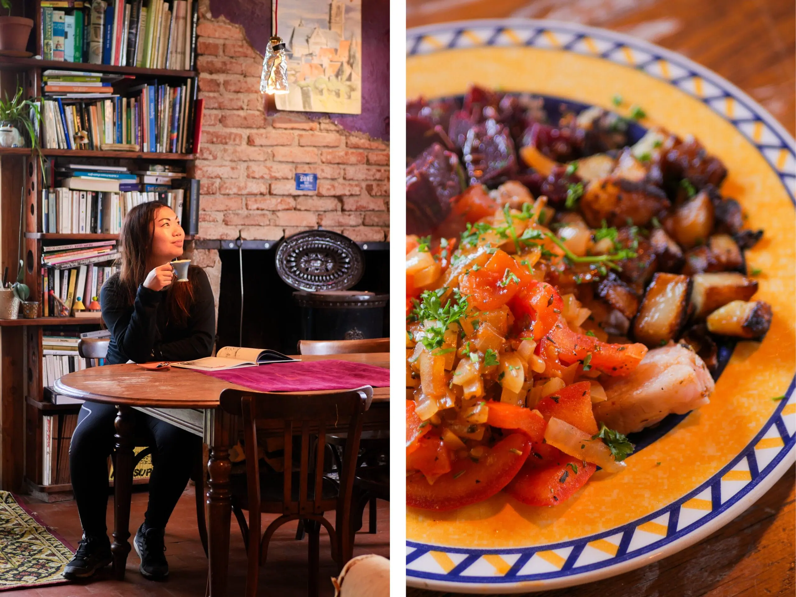Anémone qui bois son café et une assiette de légumes