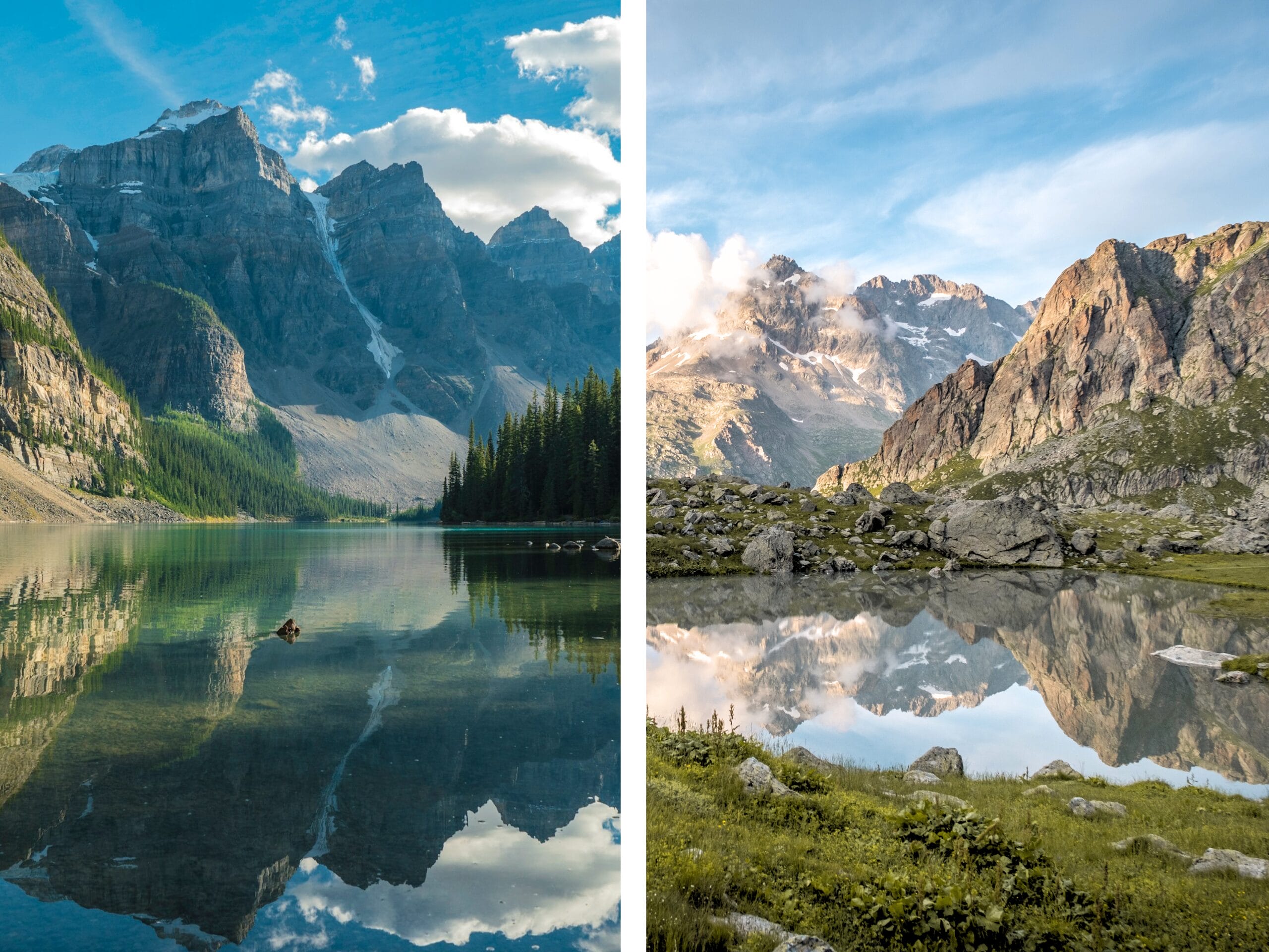 À gauche : les rocheuses canadiennes, à droite le Massif des écrins en France