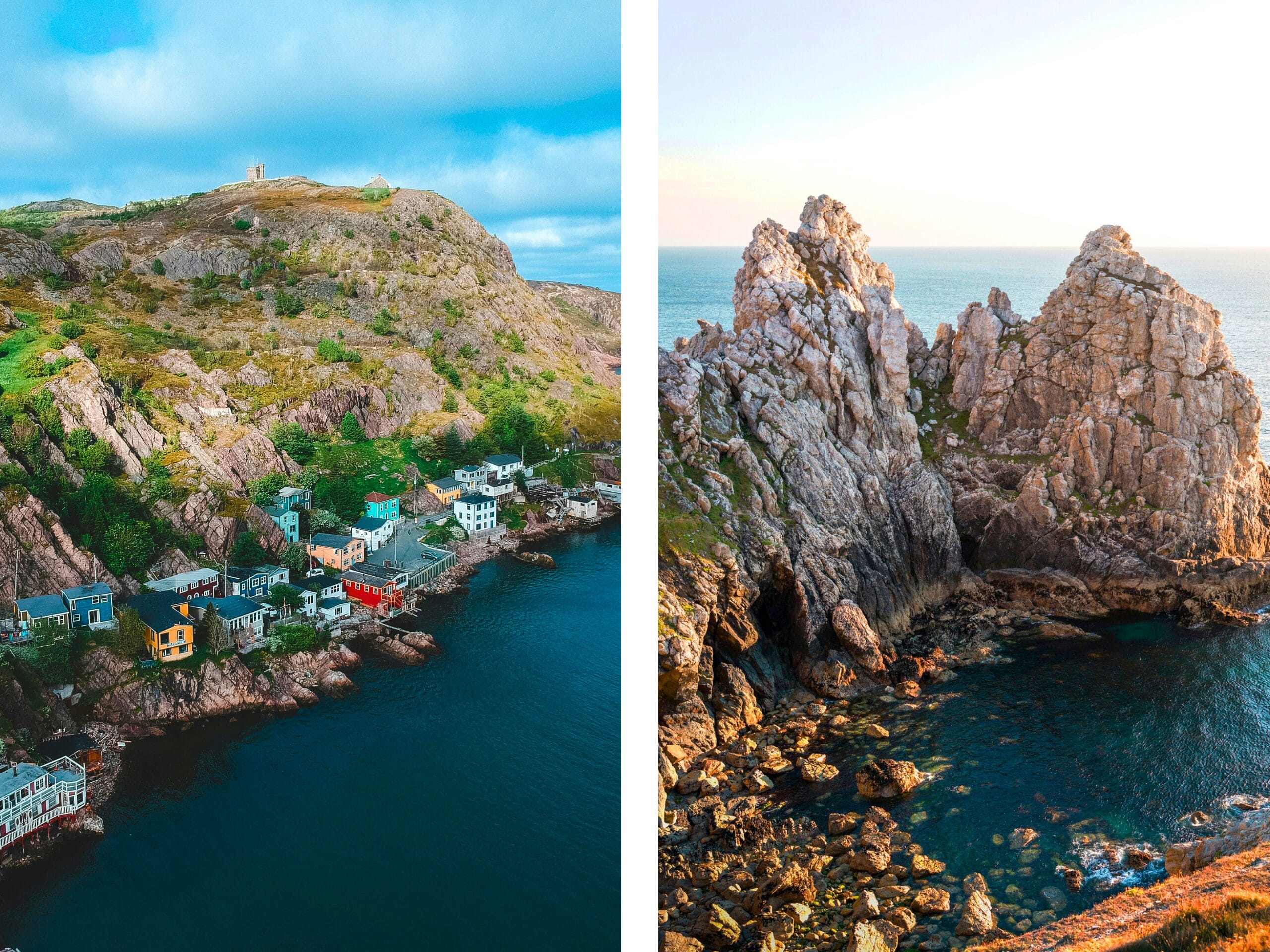 À gauche Terre-Neuve-et-Labrador au canada, à droite Camaret-sur-Mer sur la Presqu'île de Crozon en Bretagne