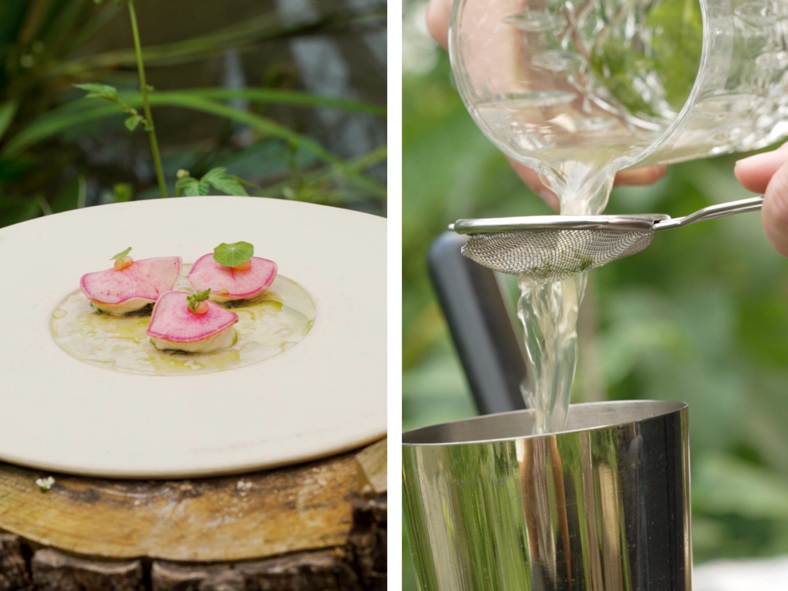 À gauche une assiette végétale préparée par un chef, à gauche un cocktail avec des jus naturels et des herbes aromatiques préparée par une cheffe et mixologue. 